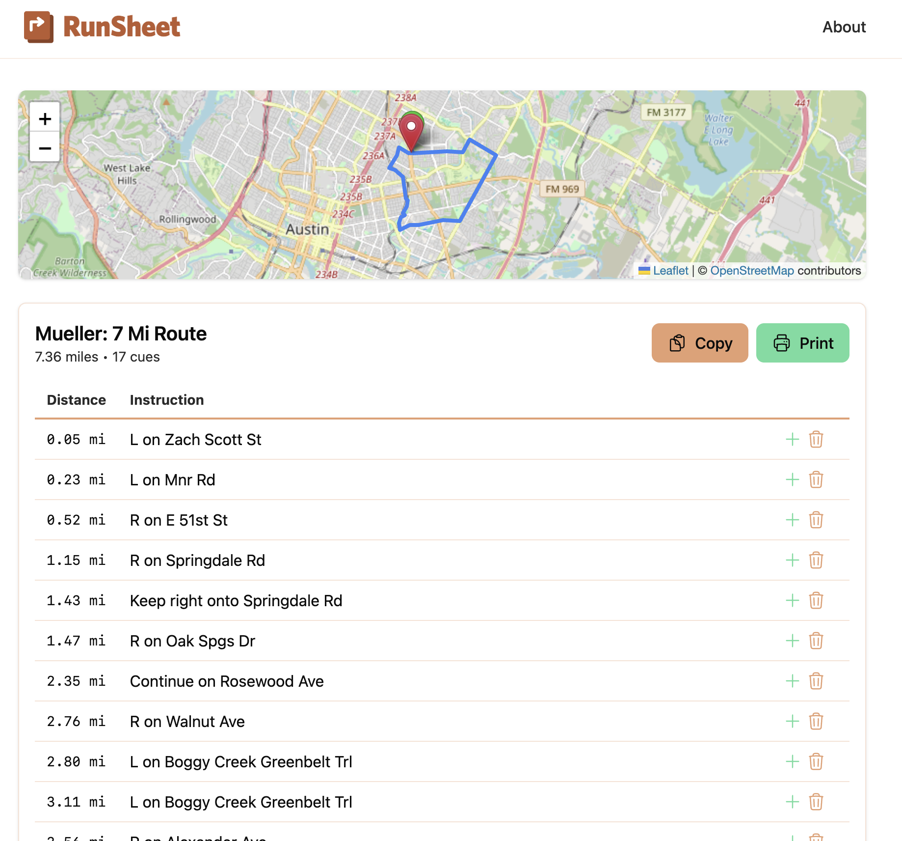 Runsheet route and printable directions